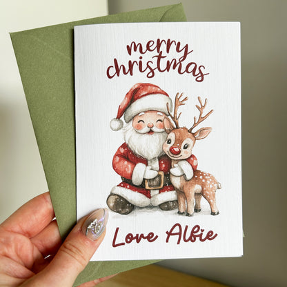 Pack of 5 "Father Christmas & Reindeer" Personalised Christmas Cards