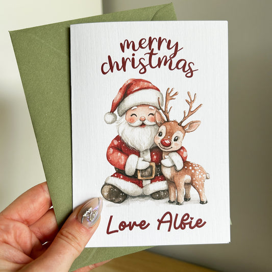 Pack of 5 "Father Christmas & Reindeer" Personalised Christmas Cards